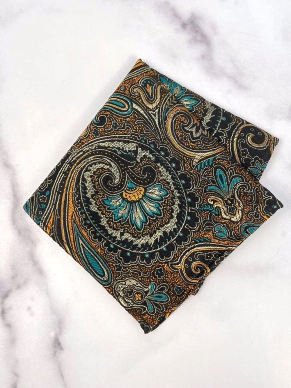 Paisley Pattern Brocade Pocket Square | Black & Orange
